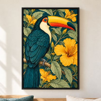 Tropical Toucan and Golden Flowers — Black Frame room scene | AUSJOJO