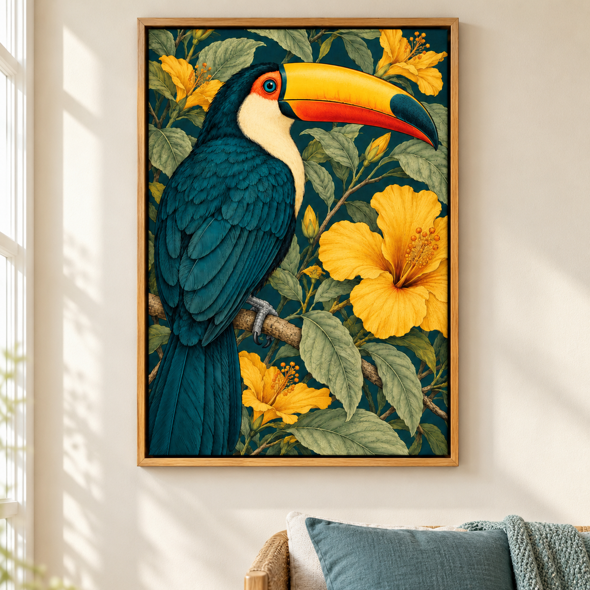 Tropical Toucan and Golden Flowers — Brown Frame room scene | AUSJOJO