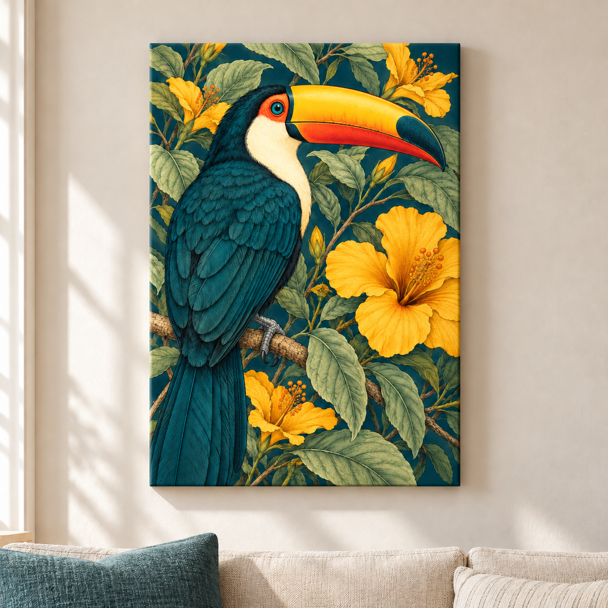Tropical Toucan and Golden Flowers — Stretched Canvas room scene | AUSJOJO