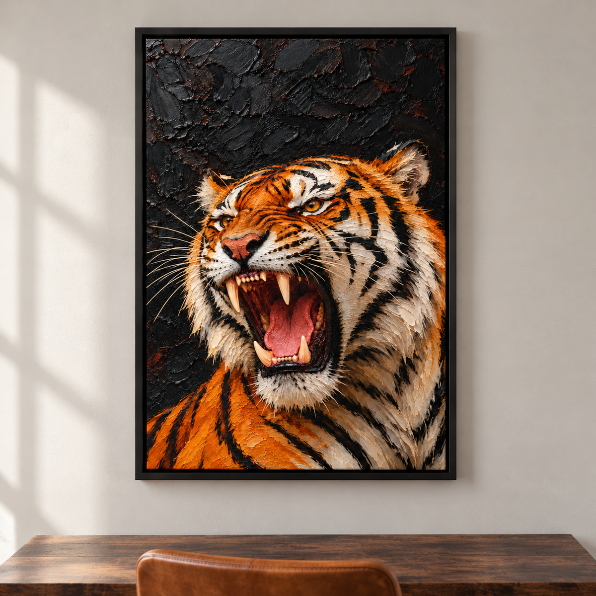 Roaring Tiger Dark Impasto Style — Black Frame room scene | AUSJOJO