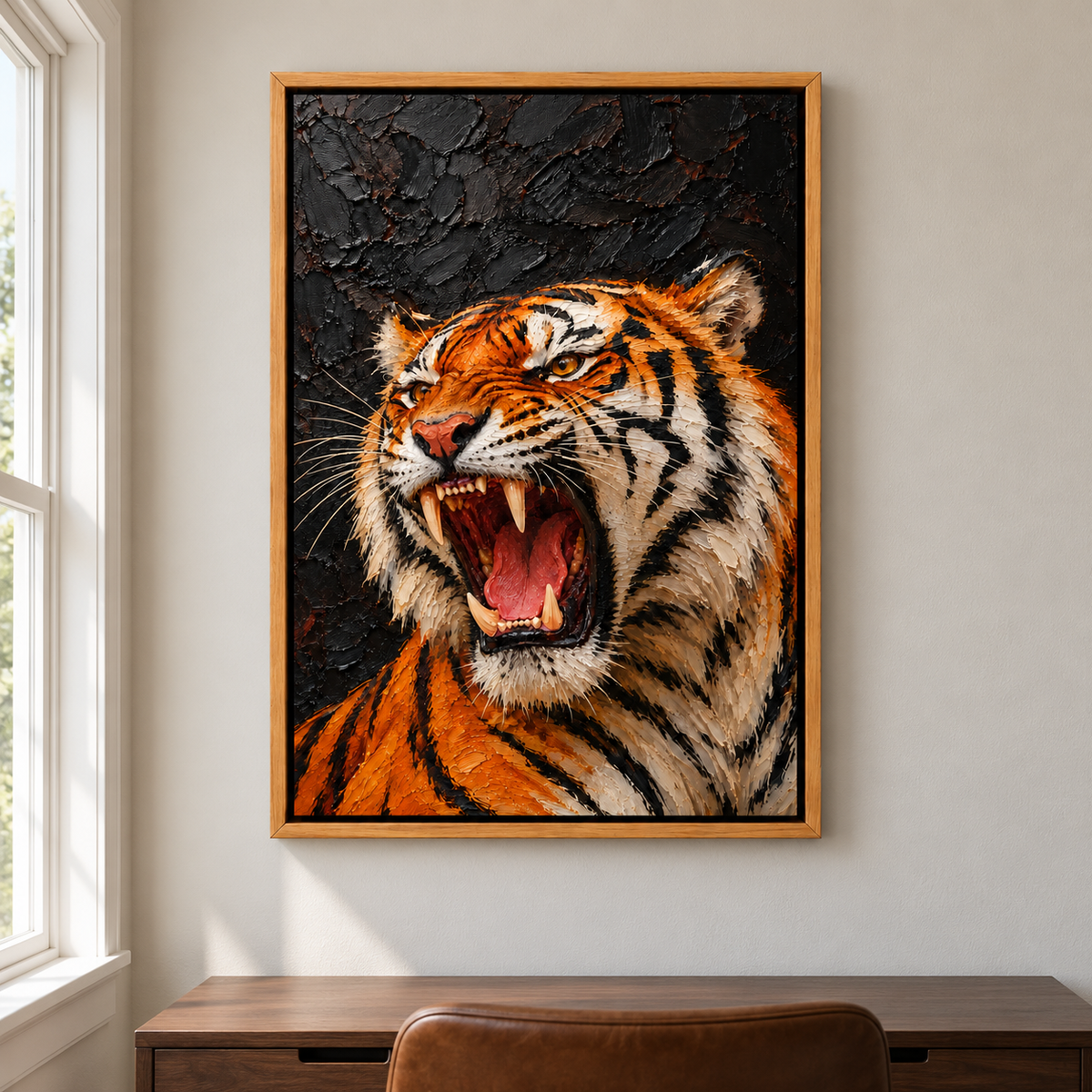 Roaring Tiger Dark Impasto Style — Brown Frame room scene | AUSJOJO