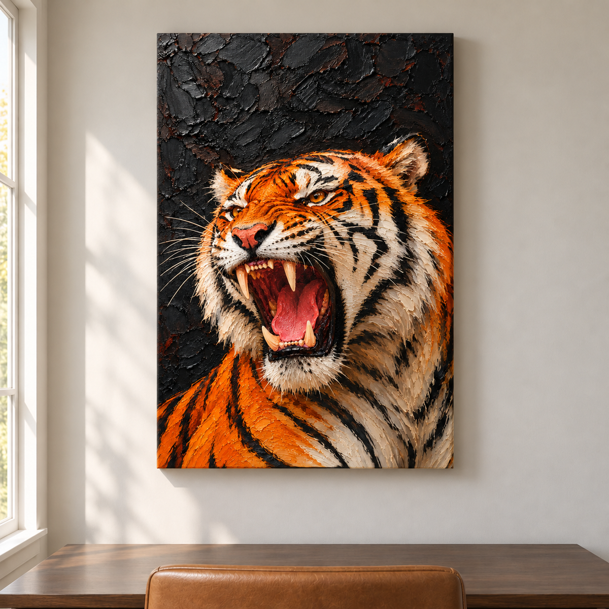 Roaring Tiger Dark Impasto Style — Stretched Canvas room scene | AUSJOJO