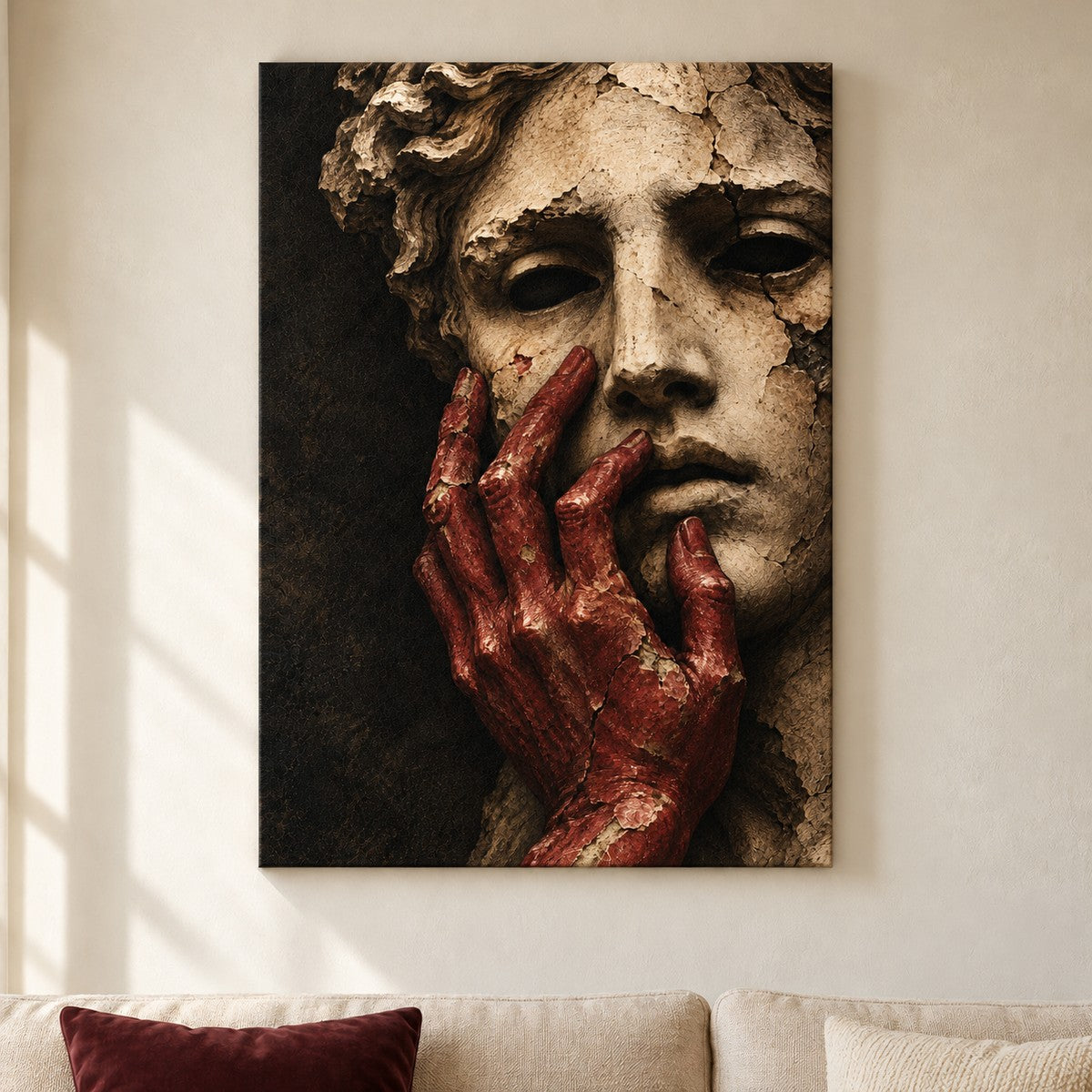 Ruined Ivory Statue and Burgundy Hand — framed artwork main view | AUSJOJO