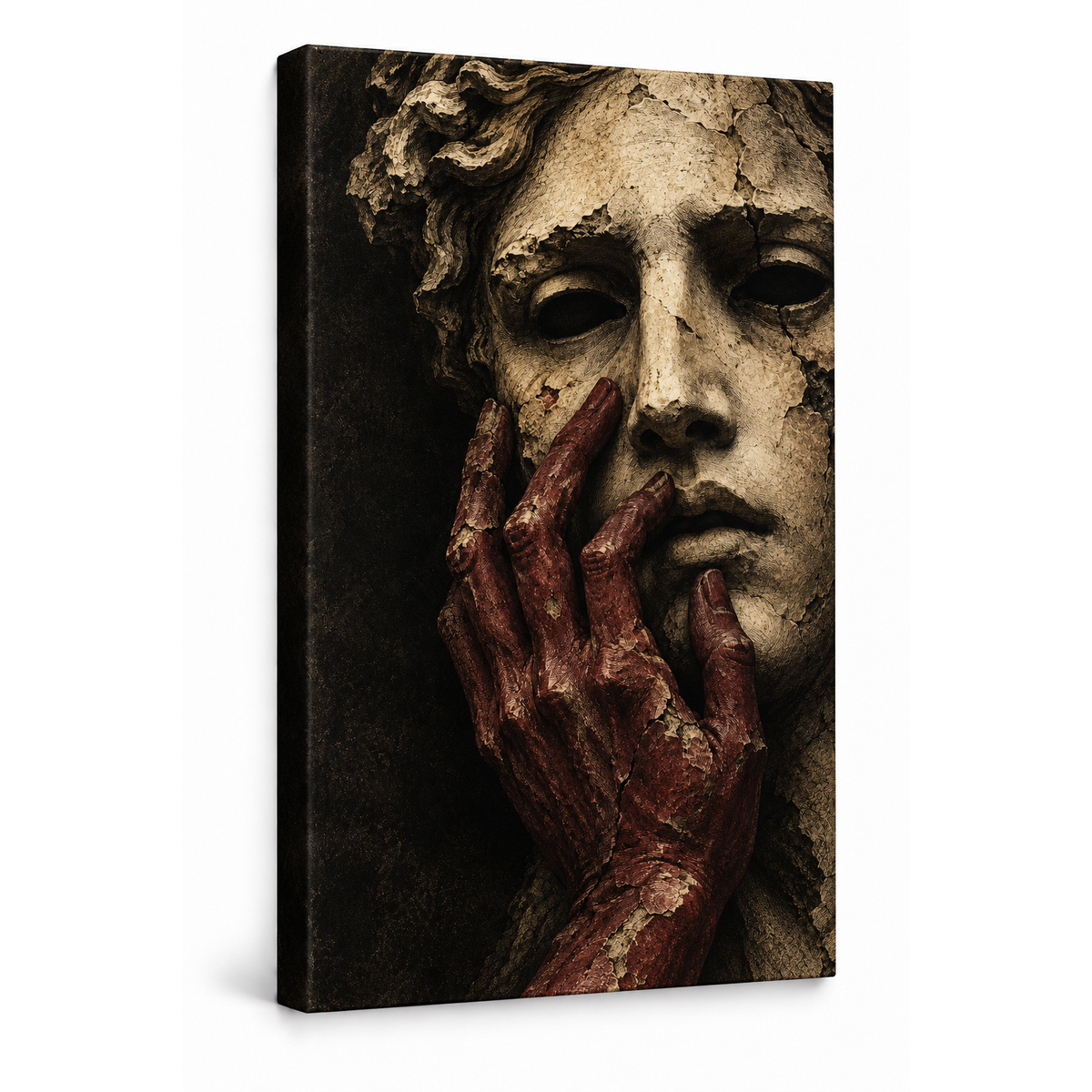 Ruined Ivory Statue and Burgundy Hand — Stretched Canvas product view | AUSJOJO
