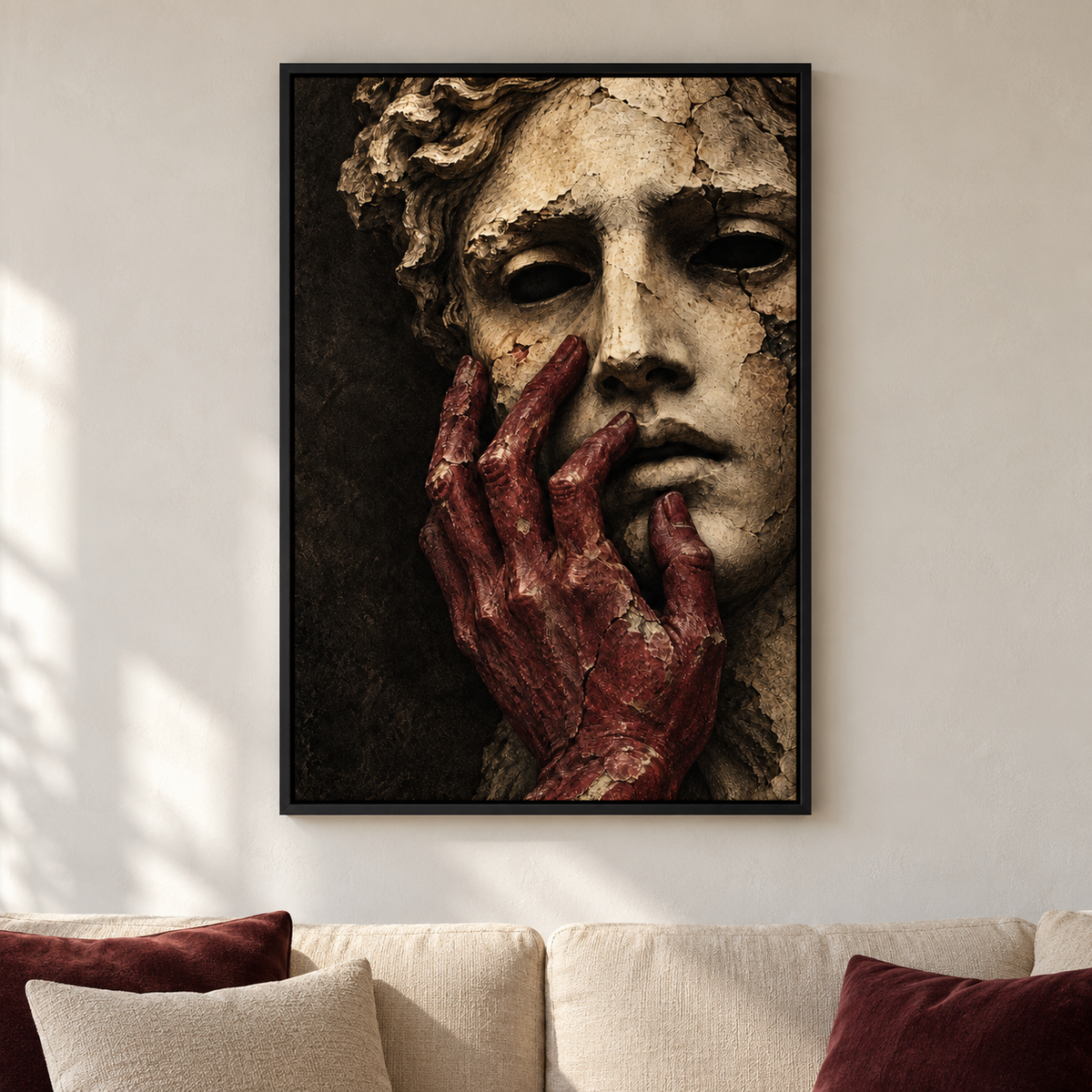 Ruined Ivory Statue and Burgundy Hand — Black Frame room scene | AUSJOJO