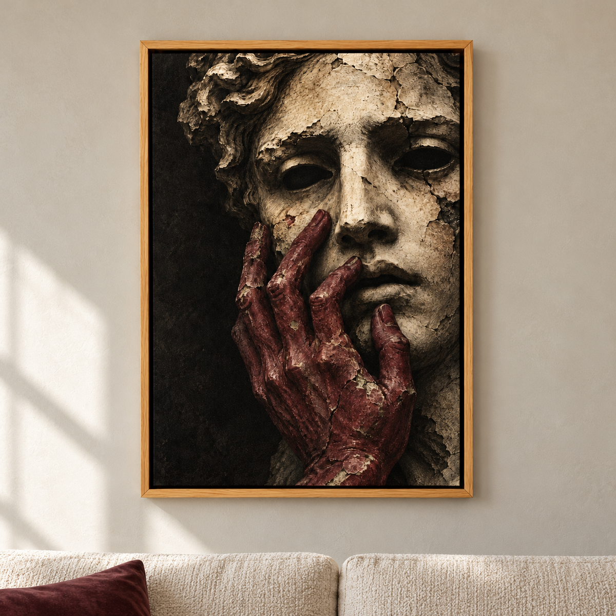 Ruined Ivory Statue and Burgundy Hand — Brown Frame room scene | AUSJOJO