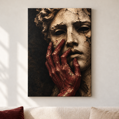 Ruined Ivory Statue and Burgundy Hand — Stretched Canvas room scene | AUSJOJO