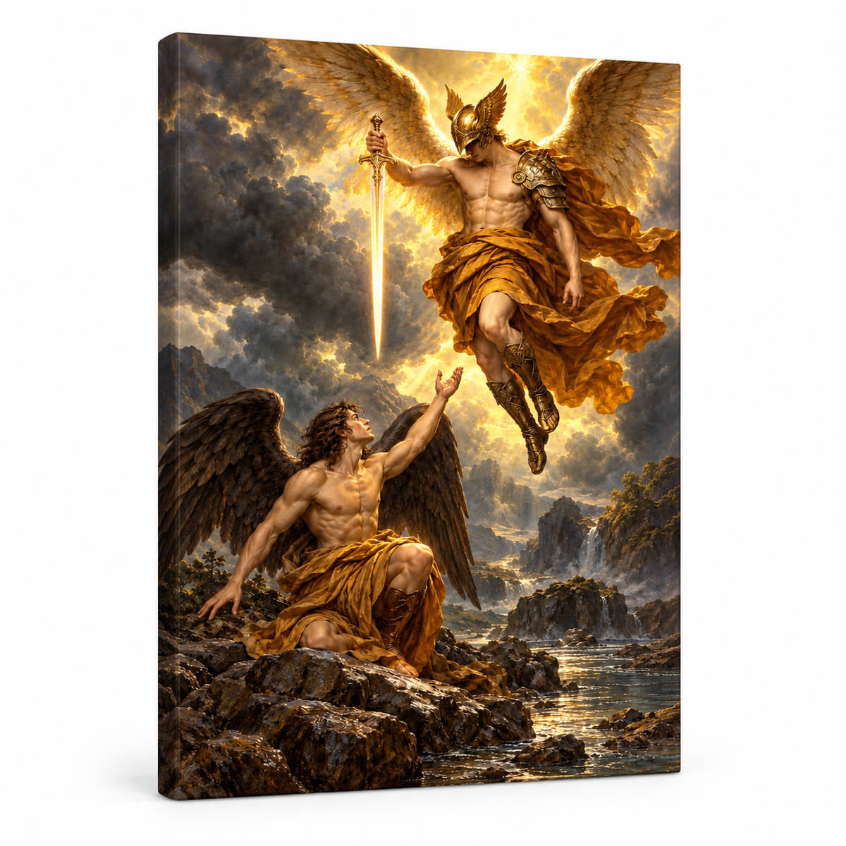 Golden Wing and Dark Wing Angels — Stretched Canvas product view | AUSJOJO