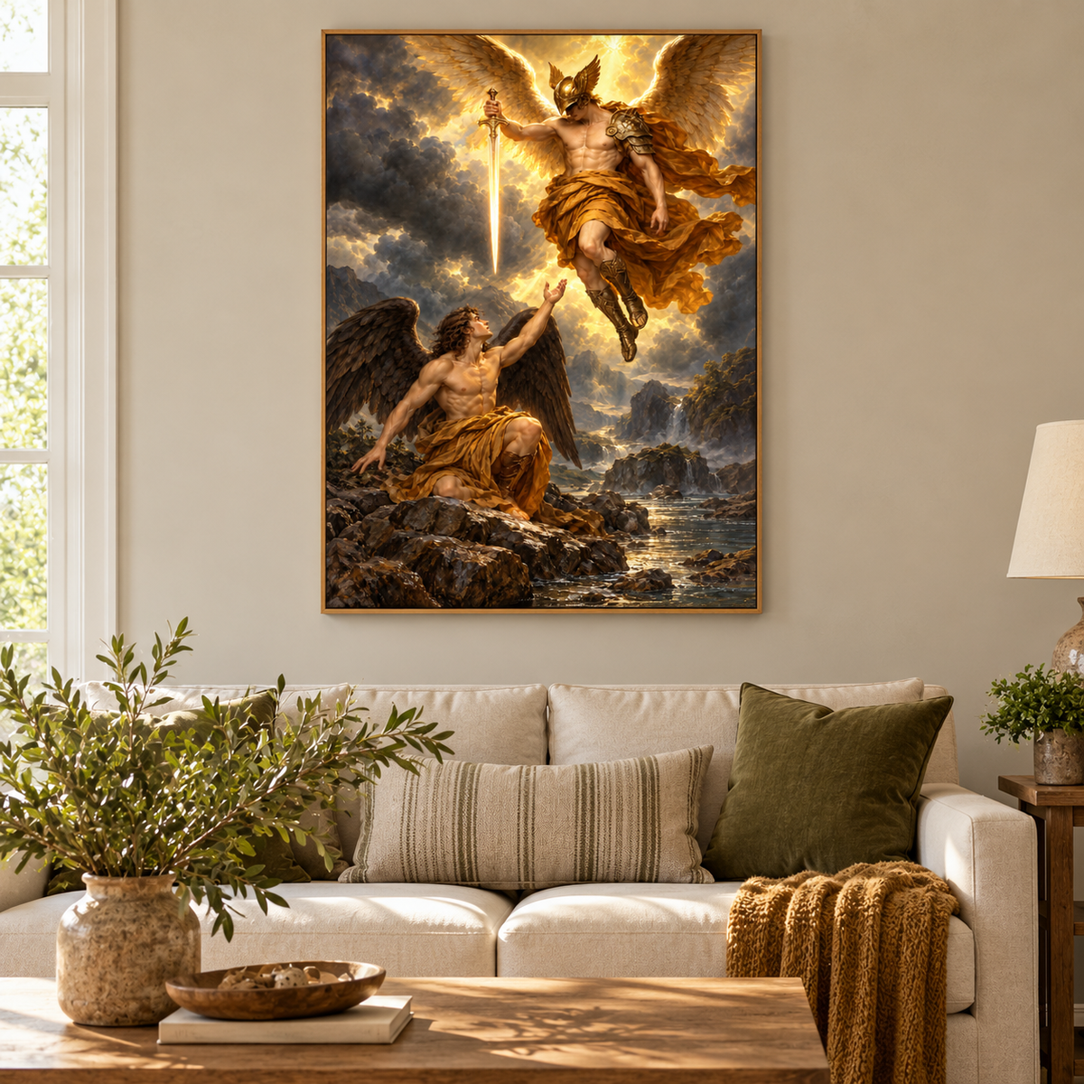 Golden Wing and Dark Wing Angels — Stretched Canvas room scene | AUSJOJO