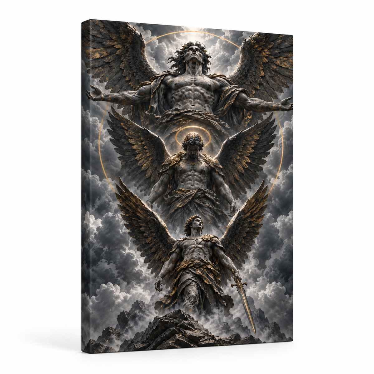 Three Monumental Stone Angels — Stretched Canvas product view | AUSJOJO