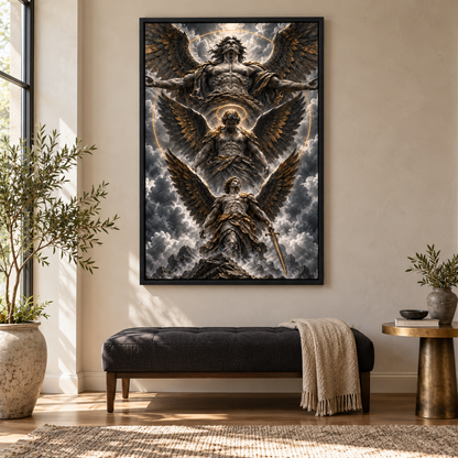 Three Monumental Stone Angels — Black Frame room scene | AUSJOJO
