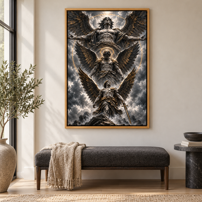 Three Monumental Stone Angels — Brown Frame room scene | AUSJOJO