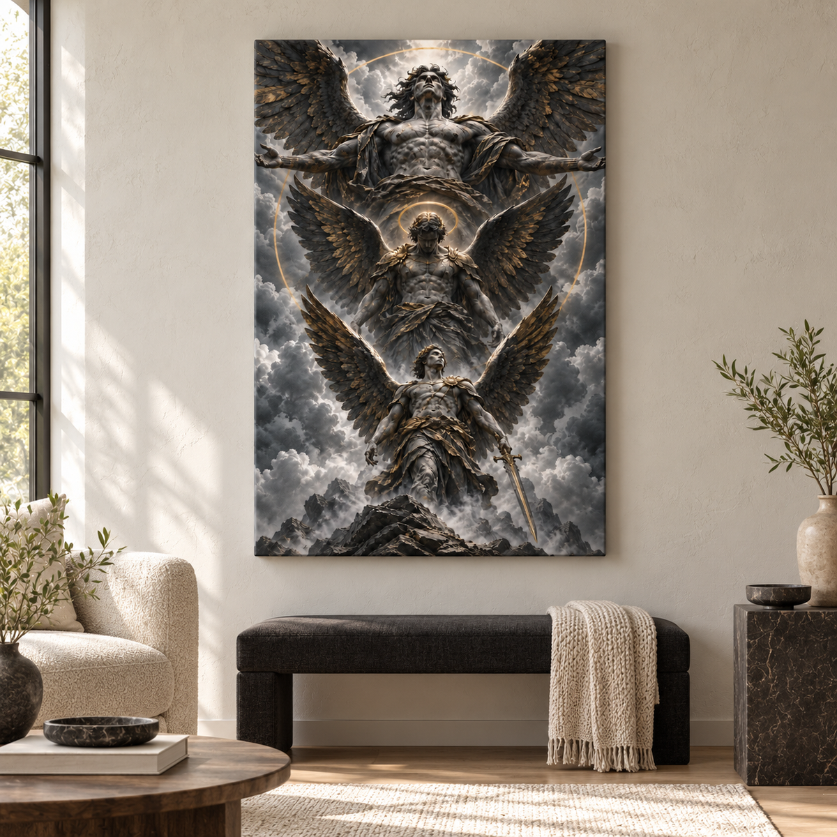 Three Monumental Stone Angels — Stretched Canvas room scene | AUSJOJO