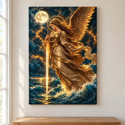Golden Sword Angel over Stormy Sea — framed artwork main view | AUSJOJO