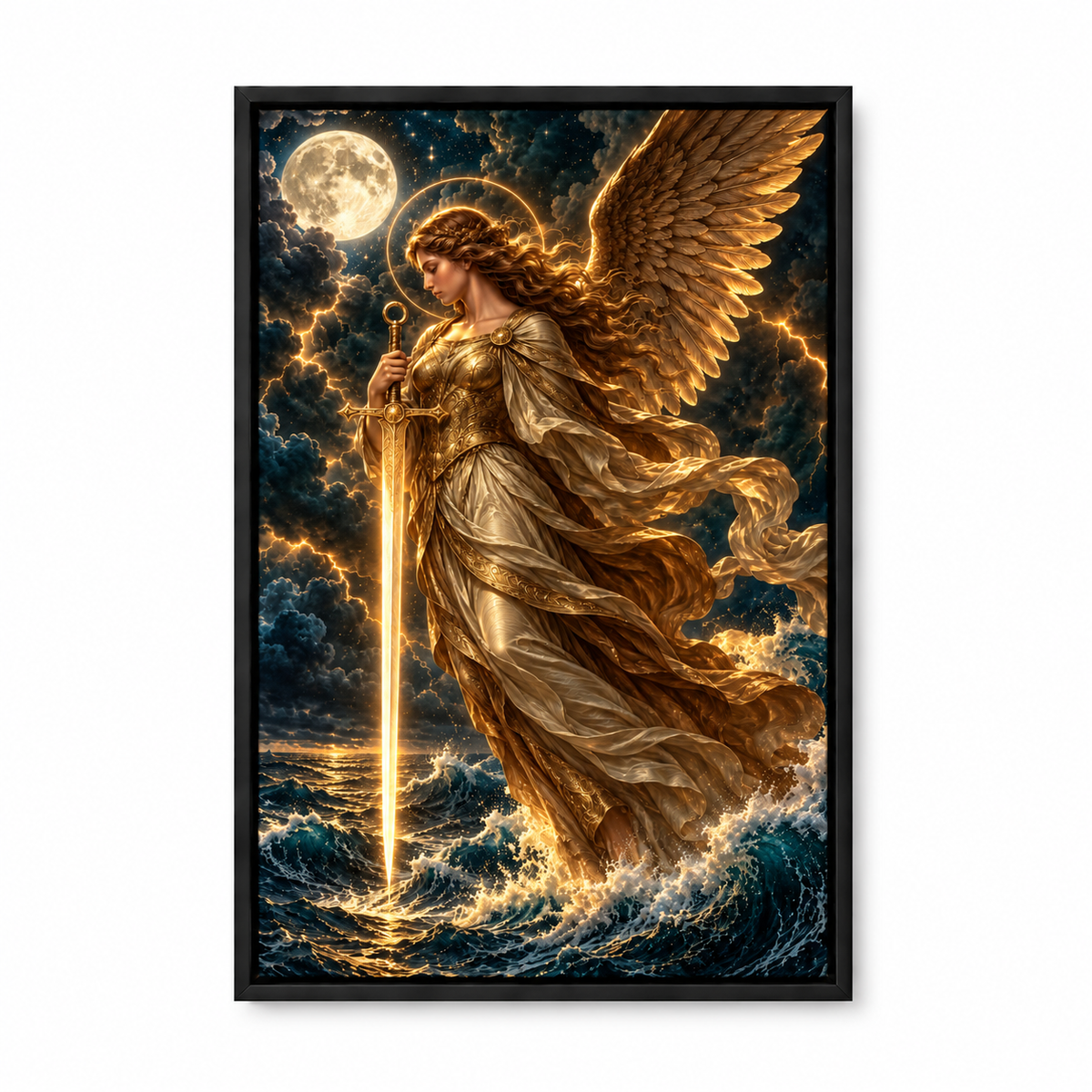 Golden Sword Angel over Stormy Sea — Black Frame finish product view | AUSJOJO