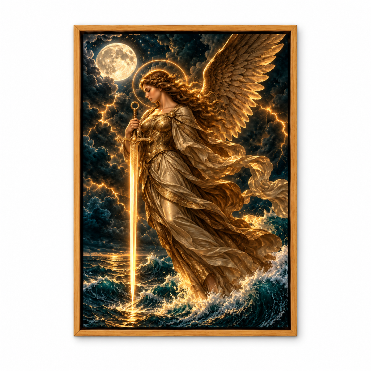 Golden Sword Angel over Stormy Sea — Brown Frame finish product view | AUSJOJO