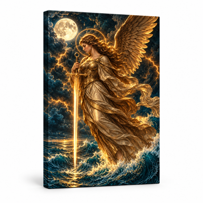 Golden Sword Angel over Stormy Sea — Stretched Canvas product view | AUSJOJO