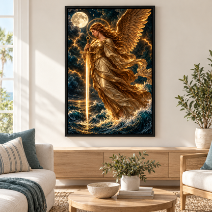 Golden Sword Angel over Stormy Sea — Black Frame room scene | AUSJOJO