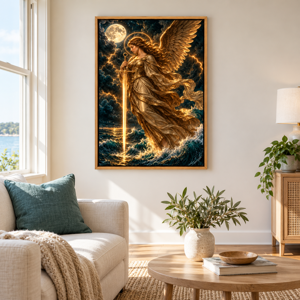Golden Sword Angel over Stormy Sea — Brown Frame room scene | AUSJOJO