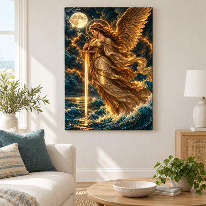 Golden Sword Angel over Stormy Sea — Stretched Canvas room scene | AUSJOJO