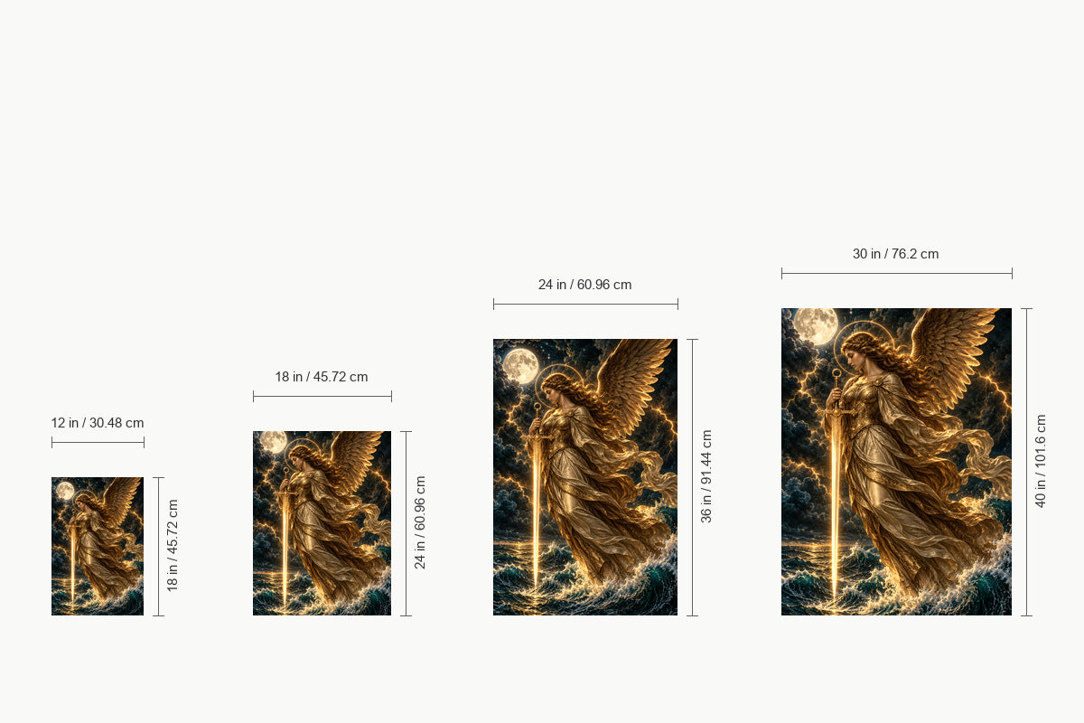 Golden Sword Angel over Stormy Sea — size comparison guide | AUSJOJO
