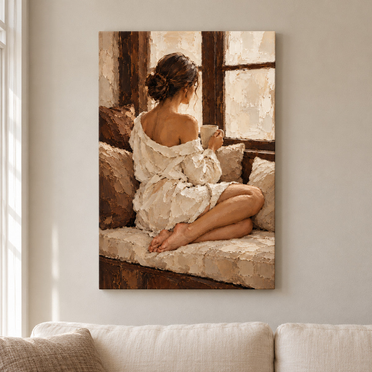 Quiet Window Seat Woman Impasto — framed artwork main view | AUSJOJO