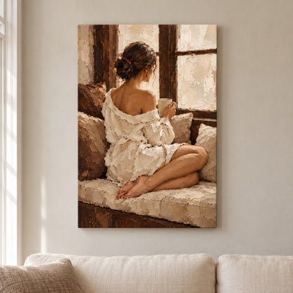 Quiet Window Seat Woman Impasto — framed artwork main view | AUSJOJO