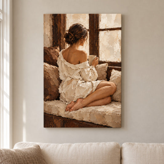 Quiet Window Seat Woman Impasto — framed artwork main view | AUSJOJO