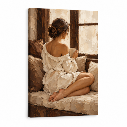 Quiet Window Seat Woman Impasto — Stretched Canvas product view | AUSJOJO