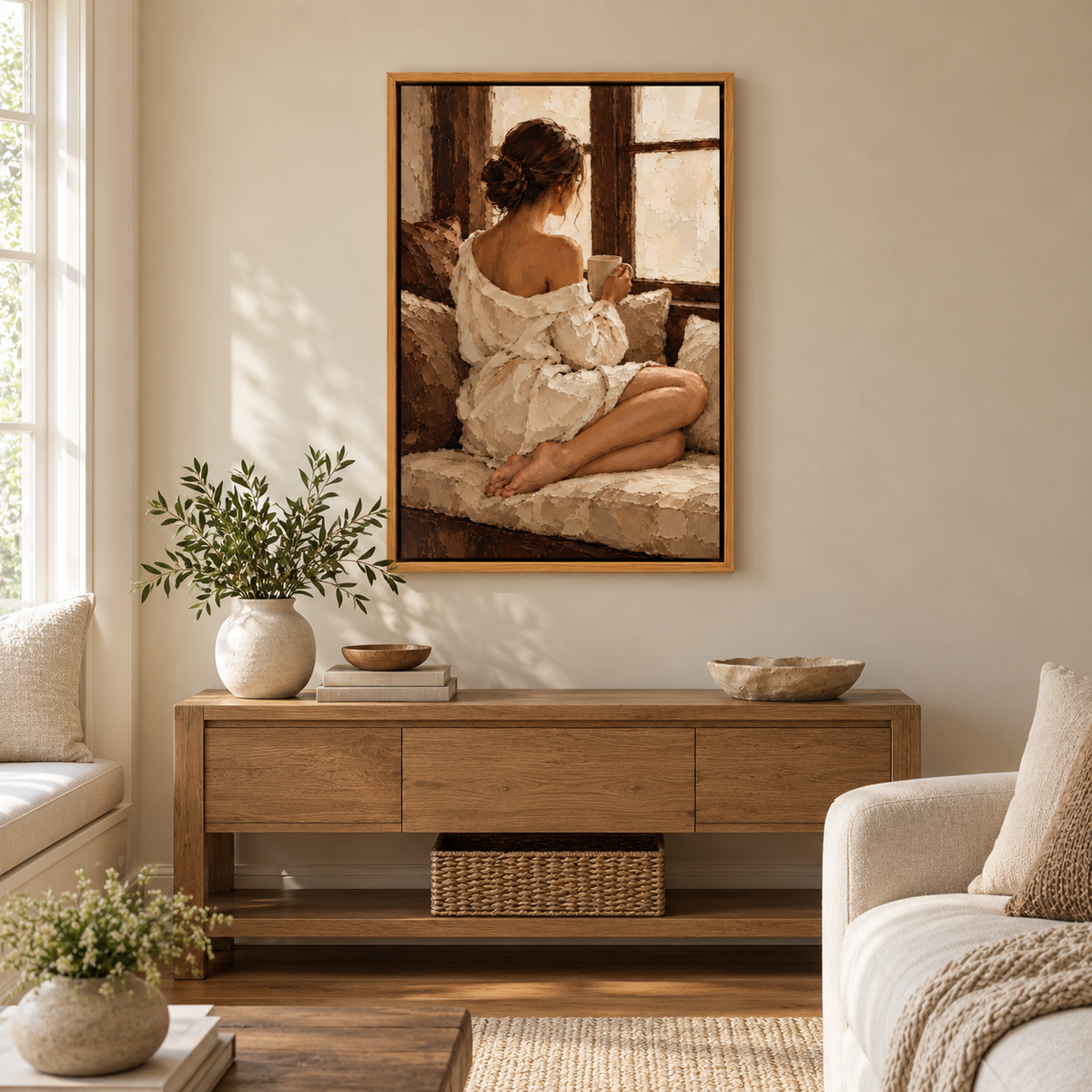 Quiet Window Seat Woman Impasto — Brown Frame room scene | AUSJOJO