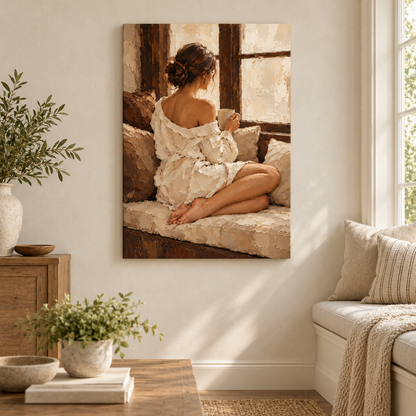 Quiet Window Seat Woman Impasto — Stretched Canvas room scene | AUSJOJO