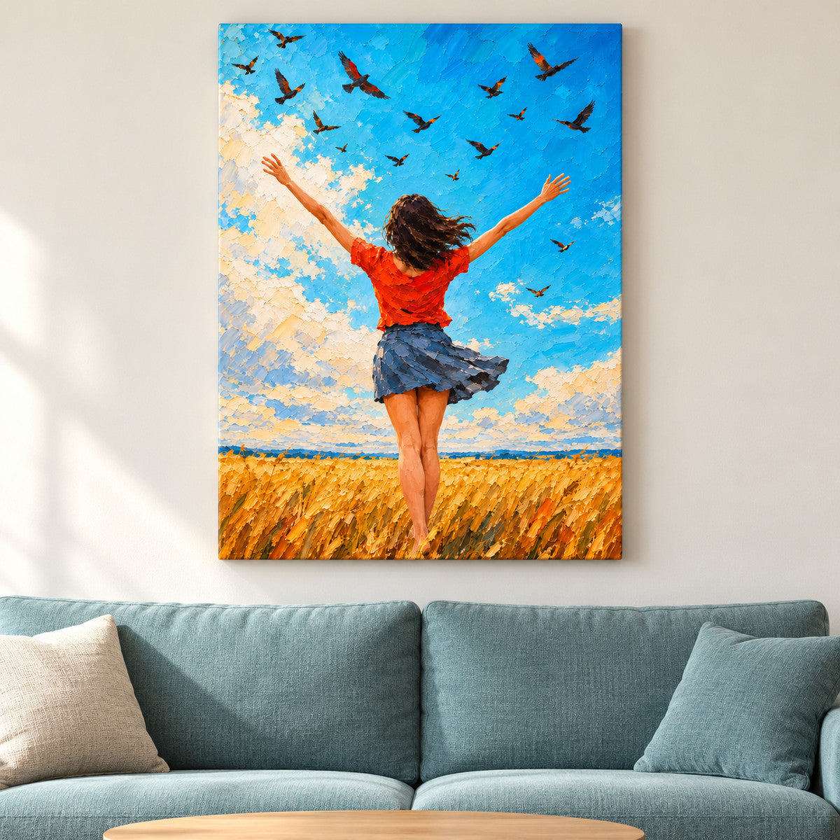 Wind and Birds Woman Impasto — framed artwork main view | AUSJOJO