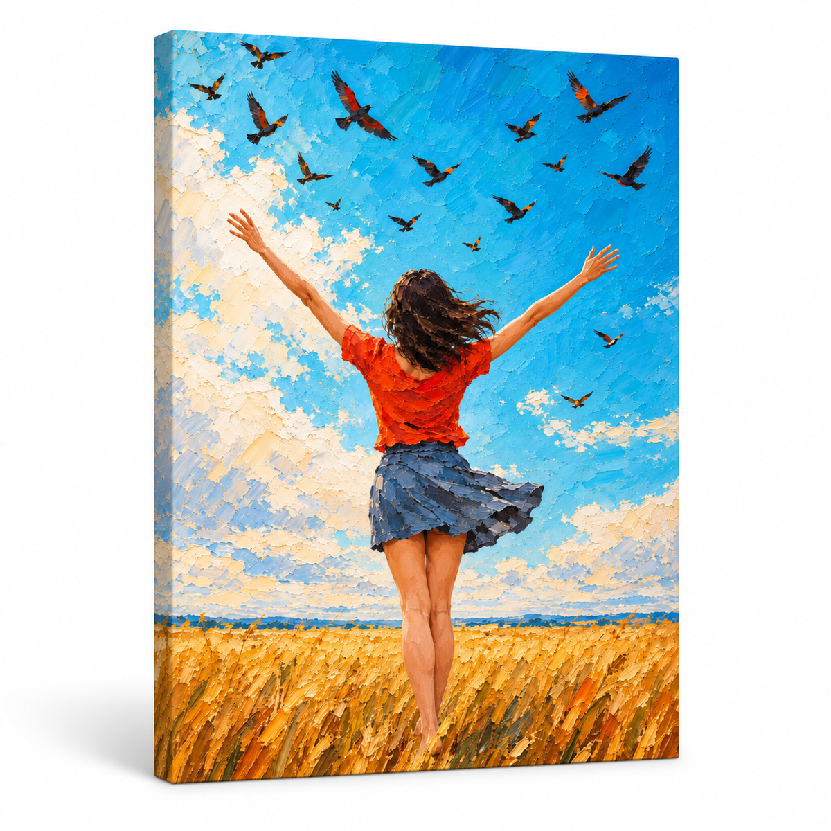 Wind and Birds Woman Impasto — Stretched Canvas product view | AUSJOJO
