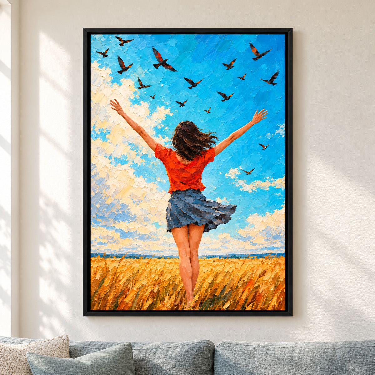 Wind and Birds Woman Impasto — Black Frame room scene | AUSJOJO