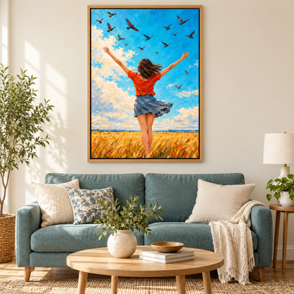 Wind and Birds Woman Impasto — Brown Frame room scene | AUSJOJO