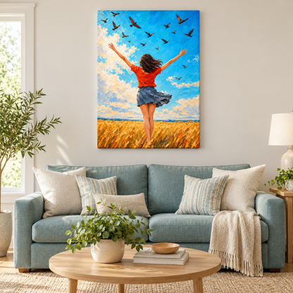 Wind and Birds Woman Impasto — Stretched Canvas room scene | AUSJOJO