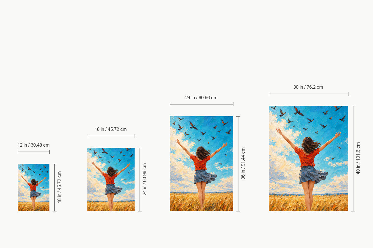 Wind and Birds Woman Impasto — size comparison guide | AUSJOJO