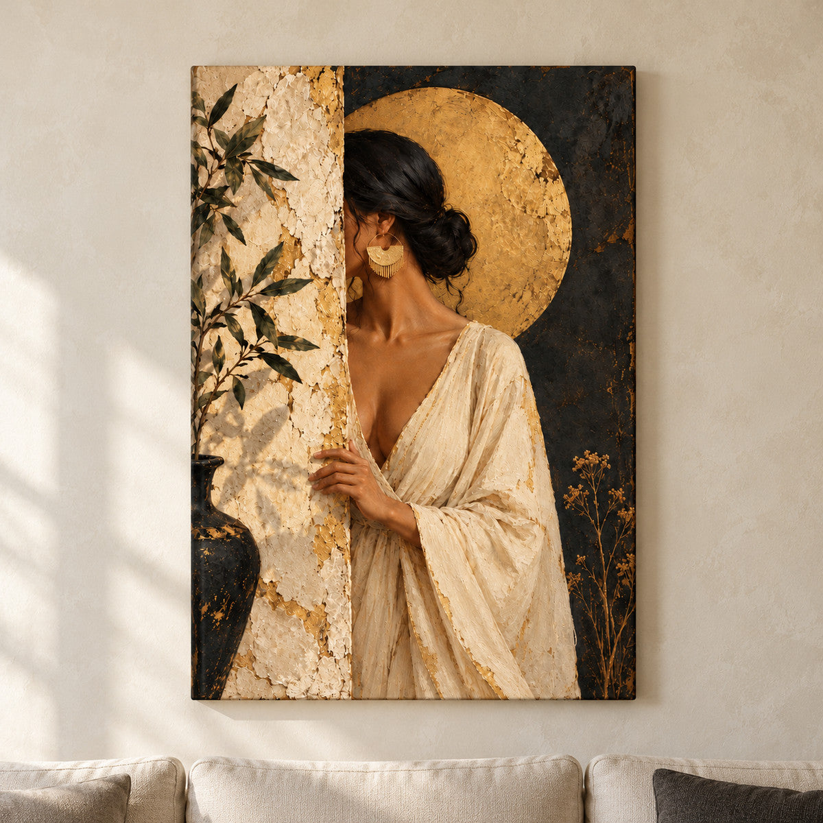 Woman Behind Weathered Wall and Gold Disc — framed artwork main view | AUSJOJO