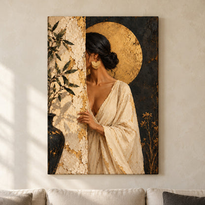 Woman Behind Weathered Wall and Gold Disc — framed artwork main view | AUSJOJO