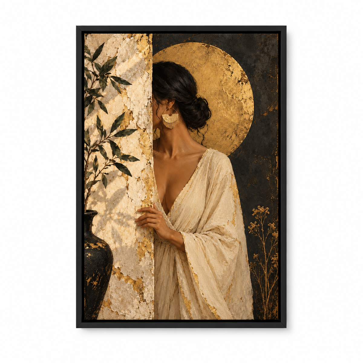 Woman Behind Weathered Wall and Gold Disc — Black Frame finish product view | AUSJOJO