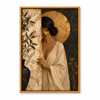 Woman Behind Weathered Wall and Gold Disc — Brown Frame finish product view | AUSJOJO