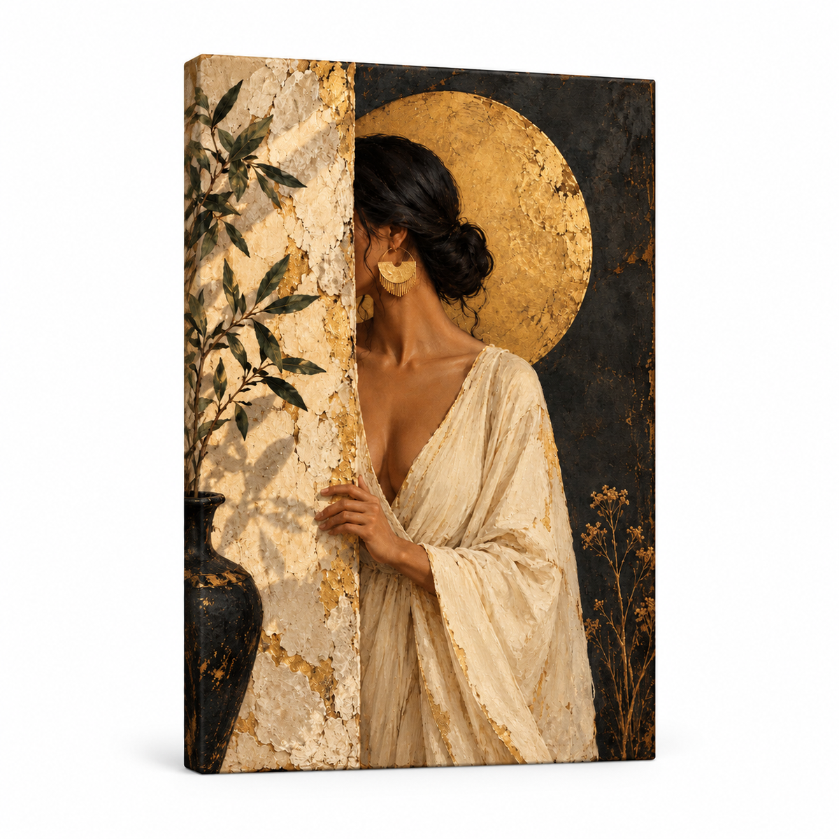 Woman Behind Weathered Wall and Gold Disc — Stretched Canvas product view | AUSJOJO