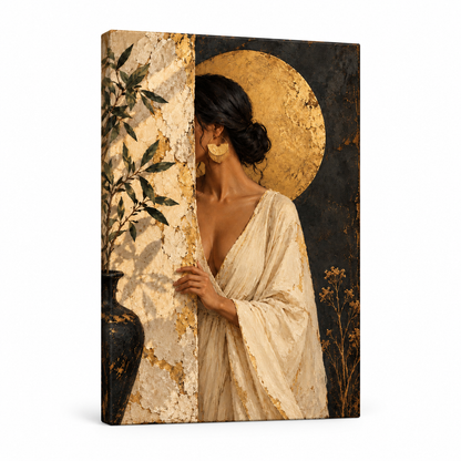 Woman Behind Weathered Wall and Gold Disc — Stretched Canvas product view | AUSJOJO