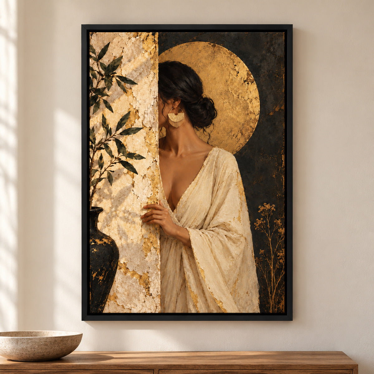 Woman Behind Weathered Wall and Gold Disc — Black Frame room scene | AUSJOJO