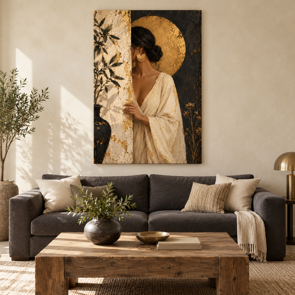 Woman Behind Weathered Wall and Gold Disc — Brown Frame room scene | AUSJOJO