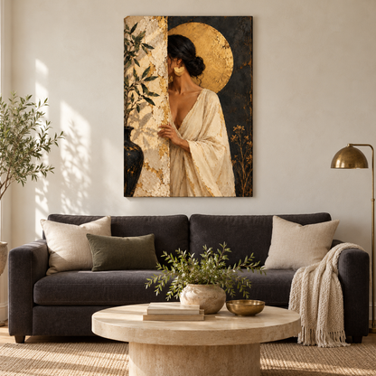 Woman Behind Weathered Wall and Gold Disc — Stretched Canvas room scene | AUSJOJO