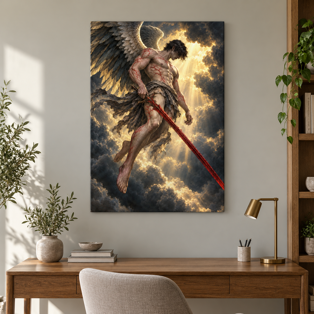 Crimson Sword Winged Warrior — Stretched Canvas room scene | AUSJOJO
