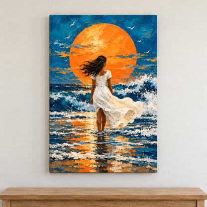 White Dress Woman Orange Sun Seascape — framed artwork main view | AUSJOJO