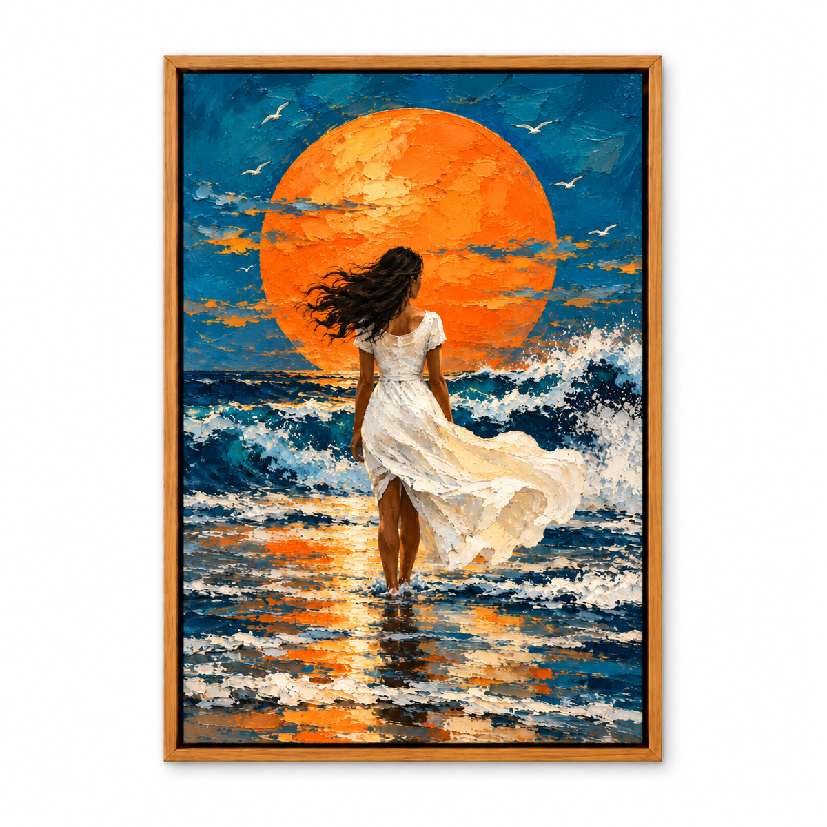 White Dress Woman Orange Sun Seascape — Brown Frame finish product view | AUSJOJO