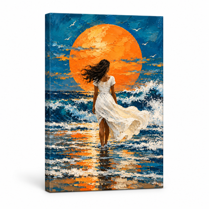 White Dress Woman Orange Sun Seascape — Stretched Canvas product view | AUSJOJO